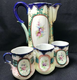 Antique German Limoges Porcelain Pitcher Cups Hand Painted Flowers Decoration