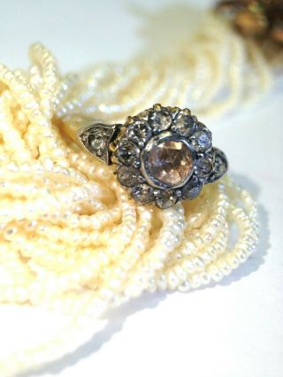 Antique Victorian Rose and Mine Cut Diamond Halo 18K Gold Ring Size 6 4