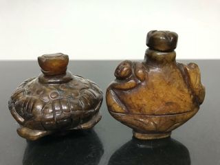 Vtg 2pc Carved Stone Chinese Miniature Snuff Jar Scent Perfume Bottles