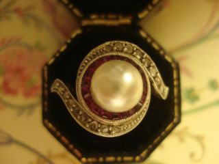 Exquisite Antique Edwardian: Natural Pearl,  Ruby Gems & Diamonds 18ct Gold Ring