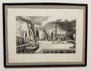Antique Ernest Fiene Lithograph On Paper Waterfront In Manhattan 26/100