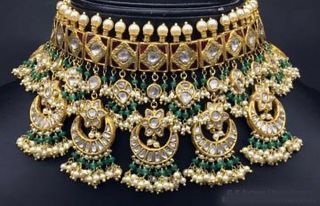 22k Gold Handmade Jadau Polki Kundan Meena Natural Pearl Necklace Earrings