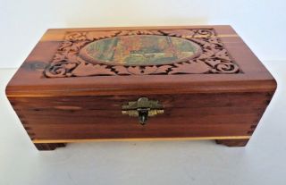 Antique Vintage Deer Decoupage Carved Cedar Wood Dovetailed Dresser Jewelry Box