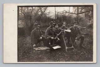 Antique Ww1 German Real Photo Rppc Postcard Soldiers With Machine Gun & Ammo Box
