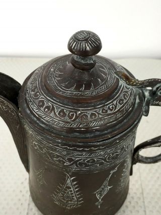 Early Islamic Arabic Dallah Coffee Tea Pot Engraved Persian Ottoman Copper 1800s 4