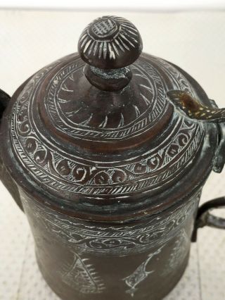 Early Islamic Arabic Dallah Coffee Tea Pot Engraved Persian Ottoman Copper 1800s 6