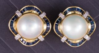Glam Estate 14k Omega Back Natural Sapphire & Diamond 3 Ctw Mabe Pearl Earrings