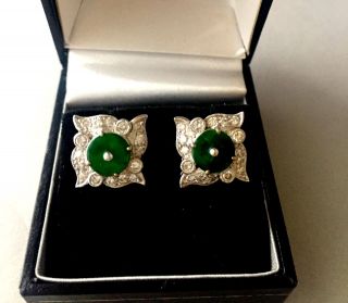 18k White Gold Jadeite Jade And Diamond Earrings - Purchased At Sothebys Hk 
