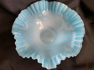 Antique Bride’s Basket Victorian Glass Bowl Cased Blue Opalescent Ruffled Edge 4