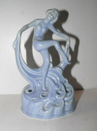 Flower Frog Art Deco Nude Dancer Woman Scarf Dance Blue 8 Holes Porcelain Lady