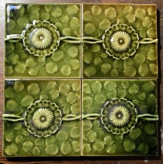 4 J,  Jg Low Art Tiles Ceramic Victorian 1881 Chelsea Ma.  Flower Green Pottery