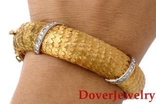 Vintage Diamond 18k Gold Feather Wide Cuff Bangle Bracelet 60.  4 Grams Nr