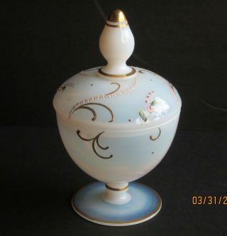 Antique Bristol Opalescent Glass Candy Jar Hand Painted Embellishment C.  1890
