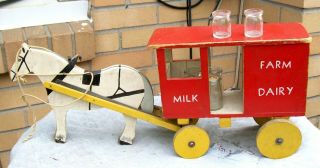Antique Pull Toy Horse Drawn Milk Wagon,  7 Glass Milk Cream Pot Jugs Folk Art