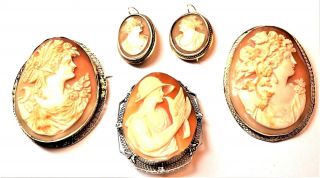 Vintage Cameo Set 14k Gold Carved Shell Open Detailed Pin Brooch/earrings