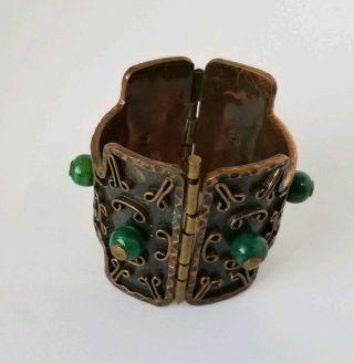 Vintage 1960 ' s Maya Mexico Hinged Copper Brass Bracelet w/Green Agate Book Piece 2