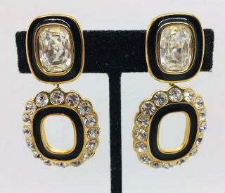 Christian Dior Vintage Gold Plated Crystal Rhinestone Black Enamel Clip Earrings