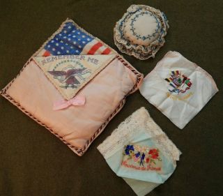 Wwi U.  S.  Army Souvenir Pillow With Wwi Handkerchiefs From France,  Remember Me