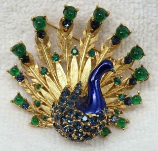 Vtg Boucher Cobalt Enamel Rhinestone Emerald Cabochon Peacock Brooch 8068p