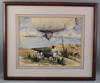 Antique Adolf Dehn Landscape Watercolor Painting Blimp Airship,  Farmers & Cow