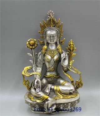 8.  26 " Buddhism Tibet Silver Gilded Hand Carved Bodhisattva Green Tara Statue