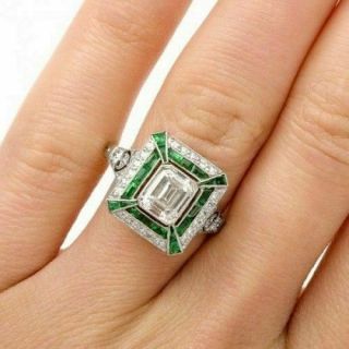 Vintage Art Deco 2.  50 Ct Emerald Engagement Wedding Ring 14k White Gold Sapphire