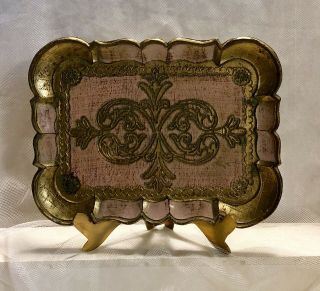 Vintage Italian Florentine Tray Pink Gold Gilt Ornate Rectangular 10”