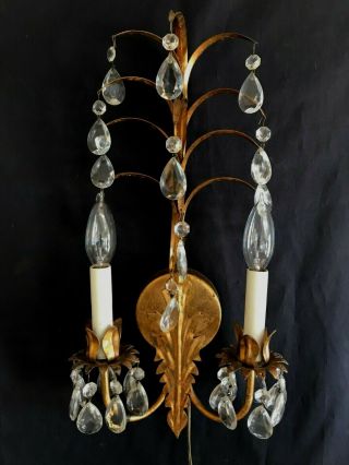Vintage Gold Gilt Metal Tole 2 Light Sconce With Prisms - Made In Italy