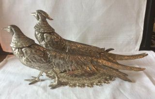 Vintage Pair Silver Tone Metal Pheasants Birds Decorative 12 " Figurines