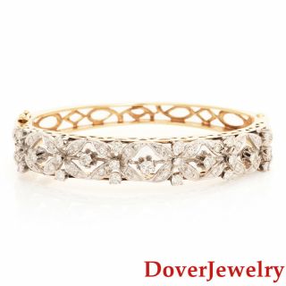 Estate Diamond 14K Gold Floral Bangle Bracelet 23.  2 Grams NR 2