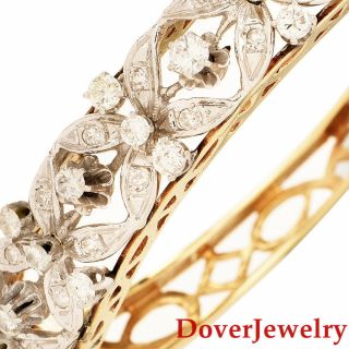 Estate Diamond 14K Gold Floral Bangle Bracelet 23.  2 Grams NR 3