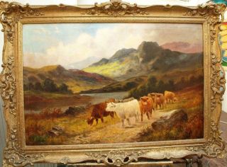 Large 19th Century Highland Cattle Scottish Landscape Antique Oil Painting
