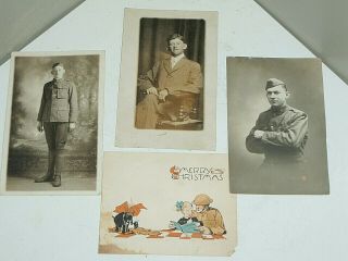 3 Vintage Wwi Us American Soldier Doughboy Photos Post Cards & Christmas Card