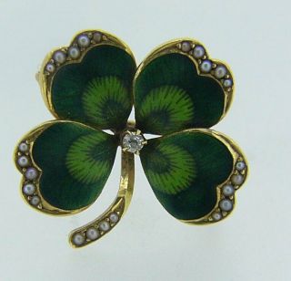 Estate 14 Karat Yellow Gold Diamond Pearl Green 4 Leaf Clover Vintage Pin O8