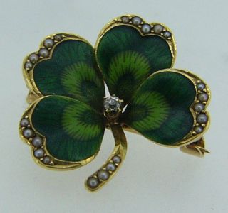 ESTATE 14 KARAT YELLOW GOLD DIAMOND PEARL GREEN 4 LEAF CLOVER VINTAGE PIN O8 2