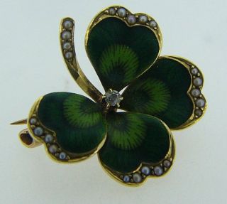 ESTATE 14 KARAT YELLOW GOLD DIAMOND PEARL GREEN 4 LEAF CLOVER VINTAGE PIN O8 3