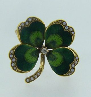 ESTATE 14 KARAT YELLOW GOLD DIAMOND PEARL GREEN 4 LEAF CLOVER VINTAGE PIN O8 4