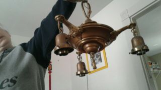Antique Vintage Art Deco Brass 3 Arm Pan Ceiling Light Fixture Chandelier