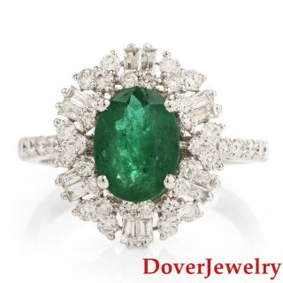 Estate Diamond 2.  17ct Green Emerald 18k White Gold Floral Cluster Ring Nr