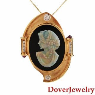 Estate Diamond Ruby Onyx Cameo Opal Doublet 18K Gold Pin Pendant 10.  7 Grams NR 2