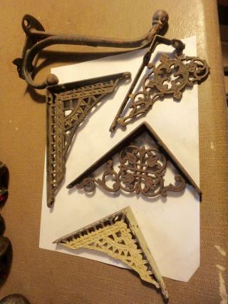 Vintage Hardware Bundle - 4 Cast Ornate Brackets - 8 " Hook Etc