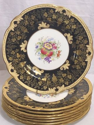 8 Vtg Wedgwood Black And Gold Hand Painted Floral Signed Service Dinner Plates