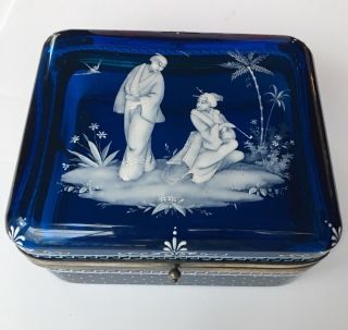 Antique Asian Cobalt Blue Glass Jewel Casket Box Chinoiserie Mary Gregory Style