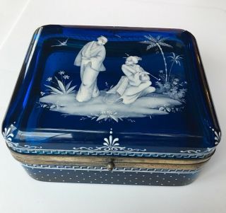 Antique Asian Cobalt Blue Glass Jewel Casket Box Chinoiserie Mary Gregory Style 2