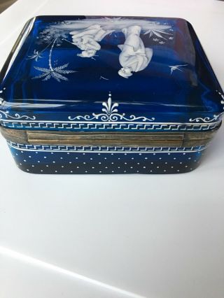 Antique Asian Cobalt Blue Glass Jewel Casket Box Chinoiserie Mary Gregory Style 9