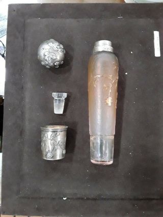 Antique DAUM NANCY Sterling Silver Cameo Glass Liquor Perfume Flask.  1900 5