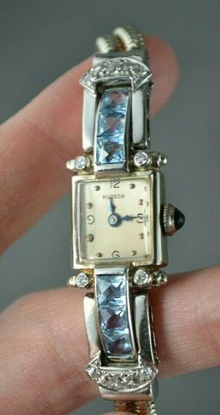 Vintage 1940s 14k White Gold,  Aquamarine & Diamond Ladies Wrist Watch -