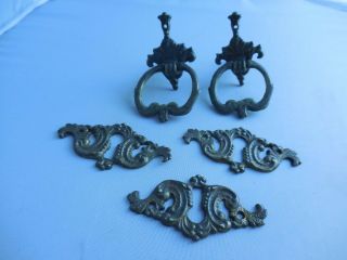 Antique 3 Vintage Brass Keyhole Covers Escutcheon & 2 Drawer Pulls