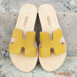 Handmade Ancient Greek Top Grain Leather H Sandals Flat Yellow Nubuck