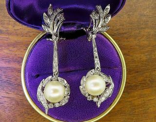 Vintage Palladium Art Deco Antique Diamond 9.  5 Mm Pearl Drop Estate Earrings